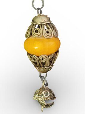 19th Century Moroccan Egg Yolk Amber Pendant With Silver Filigree And Chain